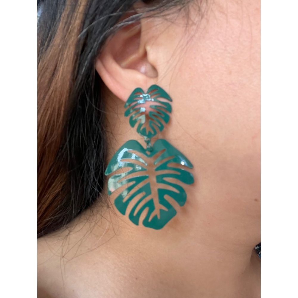 Boho Philodendron Leaf Plant Dangle Statement Earrings Green